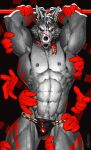  2023 abs alexxxnttt anthro arms_above_head arms_tied barazoku biceps big_bulge big_muscles black_background body_hair bone bound bulge canid canid_demon canine clothed clothing curvy_figure dated demon disembodied_hand ear_piercing ear_ring eyebrow_piercing eyebrow_ring facial_piercing front_view fur hair hand_on_arm hand_on_leg hand_on_side hand_on_thigh happy_trail hellhound hi_res huge_muscles looking_at_viewer male mammal manly markings muscle_worship muscular muscular_anthro muscular_male narrowed_eyes navel nipples notched_ear obliques open_mouth open_smile pecs piercing pubes quads ribbons ring_piercing rubbing scar scarf serratus sharp_teeth signature simple_background skull skull_head smile solo standing teeth thong thong_only topless topless_anthro topless_male triceps tuft underwear underwear_only 