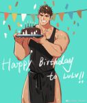  1boy apron aqua_background bara birthday_cake black_apron bright_pupils brown_eyes brown_hair bulge bunting cake candle chinese_commentary chocolate_cake commentary_request feet_out_of_frame fingernails food gift_art grin happy_birthday highres holding holding_cake holding_food large_pectorals looking_at_viewer male_focus mature_male muscular muscular_male naked_apron open_mouth original pectorals plate short_hair sideburns sidepec simple_background smile solo standing thick_eyebrows weibo_logo weibo_username white_pupils youchi123 