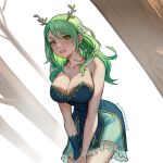  1girl antlers armpit_crease artist_name bare_shoulders branch breasts ceres_fauna ceres_fauna_(1st_costume) cleavage collarbone dress english_commentary flower frills green_dress green_hair grin hair_flower hair_ornament highres hololive hololive_english large_breasts leaf leaning_forward lips looking_at_viewer mole mole_under_eye off-shoulder_dress off_shoulder seventeencrows sleeveless sleeveless_dress smile solo strapless strapless_dress tree twitter_username virtual_youtuber wavy_hair white_flower yellow_eyes 