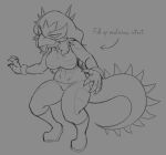  abs anthro aquilops ather_os clothing dinosaur english_text female gloves goodbye_volcano_high hair handwear hi_res long_hair mask monochrome muscular muscular_female reptile rosa_(gvh) scalie sketch snoot_game_(fan_game) solo spiked_tail spikes spikes_(anatomy) text thick_thighs tongue tongue_out 