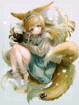  absurdres animal_ear_fluff animal_ears ankle_socks arknights black_cat blonde_hair blue_hairband blue_skirt bobby_socks cardigan cat closed_mouth commentary crossover fox_ears fox_girl fox_tail frilled_hairband frills green_eyes grey_background hair_ornament hair_scrunchie hairband heixiu high-waist_skirt highres kitsune kyuubi long_hair long_sleeves looking_at_viewer luoxiaohei multicolored_hair multiple_tails neck_ribbon no_shoes official_alternate_costume open_cardigan open_clothes puffy_long_sleeves puffy_sleeves red_ribbon ribbon scrunchie shirt skirt socks stitches suzuran_(arknights) suzuran_(spring_praise)_(arknights) syukonbu tail the_legend_of_luo_xiaohei two-tone_hair white_hair white_shirt white_socks yellow_cardigan 