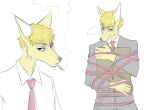  alternate_species anthro arms_tied bdsm blonde_hair blush bondage bound breath canid canine cigarette clothed clothing fox fully_clothed fur furrification hair holding_object jacket male mammal mob_psycho_100 necktie one_(manga) prick_ears reigen_arataka restraints rope rope_bondage smoke smoking smoking_cigarette snout solo suit topwear wruch yellow_body yellow_fur 