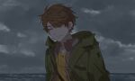  1boy ^_^ brown_hair closed_eyes cloud cloudy_sky collarbone collared_shirt commentary_request dress_shirt facing_viewer green_jacket grey_shirt highres horizon jacket key koeda_(k83_4) luke_pearce_(tears_of_themis) male_focus ocean open_clothes open_jacket open_shirt outdoors shirt sky smile solo tears_of_themis thick_eyebrows water yellow_shirt 