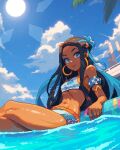  1girl alternate_costume black_hair blue_eyes blue_hair crossed_legs dark-skinned_female dark_skin english_commentary highres itzah long_hair looking_at_viewer multicolored_hair nessa_(pokemon) partially_submerged pixel_art pokemon pokemon_(game) pokemon_swsh sitting smile solo sun swimsuit two-tone_hair 