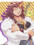  1boy animal_ears animal_nose bara black_shirt braid chest_tattoo claws commentary_request drop_shadow furry furry_male hastur_(housamo) highres horns jewelry labcoat lion_boy lion_ears long_hair male_focus muscular muscular_male necklace one_eye_closed open_mouth pawpads pazuzu_(housamo) pectoral_cleavage pectorals ring ring_hair_ornament shirt single_braid single_horn smile solo striped striped_background sumi_wo_hakuneko tattoo thick_eyebrows tokyo_afterschool_summoners translation_request twitter_username upper_body 