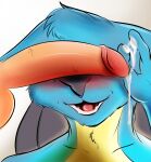  absurd_res anthro balls black_nose blue_body bodily_fluids cum cum_on_hand duo ears_down erection generation_4_pokemon genital_fluids genitals hepicant hi_res humanoid_genitalia humanoid_penis hybrid lucario male male/male nintendo open_mouth penis penis_on_face pivoted_ears pokemon pokemon_(species) tongue yellow_body 
