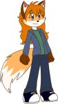  anthro beady_eyes blue_eyes bottomwear canid canine clothed clothing denim denim_clothing fan_character fluffy fluffy_tail footwear fox fur gloves_(marking) hair inner_ear_fluff jacket jeans long_hair male mammal markings mobian_fox open_clothing open_jacket open_topwear orange_body orange_fur orange_hair pants red_fox sailor_bomber shirt shoes simple_background solo tail tailexis_(akubon) topwear tuft white_background white_markings 