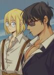  2boys absurdres blonde_hair cigarette facial_hair florbetriz from_side highres looking_at_another looking_at_pectorals male_focus medium_hair meme mole mole_under_eye multiple_boys nicholas_d._wolfwood partially_unbuttoned pectoral_cleavage pectoral_envy_(meme) pectoral_focus pectorals short_hair sideburns stubble suspenders trigun trigun_stampede upper_body vash_the_stampede 