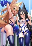  2girls animal_ears arm_up armpits ass ass_visible_through_thighs asymmetrical_legwear black_hair blonde_hair blue_thighhighs blurry blurry_background blush breasts cheerleader commentary_request covered_navel cowboy_shot fang fox_ears fox_shadow_puppet fox_tail green_eyes hair_between_eyes highres holding holding_pom_poms kokonoe_tsubaki leotard long_bangs long_hair looking_at_viewer mismatched_legwear multiple_girls open_mouth orange_eyes original pom_pom_(cheerleading) sideless_outfit small_breasts smile tail thighhighs thong_leotard uneven_legwear v-shaped_eyebrows white_leotard white_thighhighs yoshizawa_tsubaki 