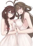  2girls :d absurdres ahoge alternate_costume armpits asymmetrical_docking bare_shoulders blue_eyes braid breast_press breasts brown_hair check_commentary collarbone commentary_request covered_navel cowboy_shot groin hair_between_eyes hair_bun hair_intakes hair_ribbon highres holding_hands jewelry kantai_collection ken_(shutenndouji1) kongou_(kancolle) large_breasts light_blush long_hair medium_breasts multiple_girls red_ribbon ribbon ring shigure_(kancolle) sideboob single_braid smile very_long_hair wedding_ring 