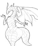  absurd_res anthro big_butt black_sclera butt dragon female feral fur hi_res monochrome scalie simple_background solo tail thick_thighs unfinished wavern wavern_(bakugan) white_background wings wuuute wyvern 