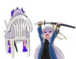  1girl absurdres chair coat cosplay devil_may_cry_(series) fingerless_gloves gloves grey_hair highres holding holding_sword holding_weapon hololive hololive_english jewel_under_eye katana koizumi_arata koseki_bijou long_hair meme monobloc_(chair) multicolored_hair parody purple_eyes sheath sitting sword vergil&#039;s_chair_(meme) vergil_(devil_may_cry) vergil_(devil_may_cry)_(cosplay) virtual_youtuber weapon white_background 