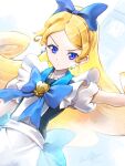 1girl apron blonde_hair blue_background blue_bow blue_eyes bow brooch clear_glass_(mildmild1311) cure_continental earrings gradient_background hair_bow happinesscharge_precure! heart heart_brooch highres jewelry long_hair magical_girl maid_apron precure puffy_short_sleeves puffy_sleeves short_sleeves solo spade_(shape) spade_earrings vest 
