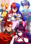  1990s_(style) 1boy 1girl absurdres alear_(female)_(fire_emblem) alear_(fire_emblem) alfred_(fire_emblem) alternate_hairstyle anime_coloring armor bare_shoulders blonde_hair blue_eyes blue_hair breasts cape cleavage crossed_bangs diamant_(fire_emblem) dress elbow_gloves fascinator fire_emblem fire_emblem:_mystery_of_the_emblem fire_emblem_engage flower gloves green_eyes hair_ornament heterochromia highres ivy_(fire_emblem) jewelry long_hair looking_at_viewer marth_(fire_emblem) mazarin medium_breasts mole mole_under_mouth multicolored_hair purple_eyes purple_hair red_eyes red_hair retro_artstyle short_hair smile split-color_hair tiara two-tone_hair very_long_hair white_gloves 