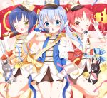  3girls chimame-tai costume epaulettes gloves gochuumon_wa_usagi_desu_ka? hair_ornament hat highres jouga_maya kafuu_chino multiple_girls natsu_megumi peaked_cap rabbit ribbon x_hair_ornament yoboshi 