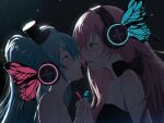  2girls aqua_eyes aqua_hair aqua_nails backlighting bare_shoulders black_bow black_dress black_headwear blue_eyes bow breasts bug butterfly butterfly_hair_ornament butterfly_wings cleavage collarbone crying crying_with_eyes_open dress eye_contact face-to-face hair_ornament hat hatsune_miku headphones highres holding_hands imminent_kiss interlocked_fingers long_hair looking_at_another magnet_(vocaloid) megurine_luka mini_hat mini_top_hat multiple_girls nail_polish night night_sky open_mouth parted_lips pink_hair pink_nails profile sky sleeveless sleeveless_dress star_(sky) starry_sky strapless strapless_dress streaming_tears tears top_hat transparent twintails upper_body vocaloid wings yuri yurun_(yurun_ume) 