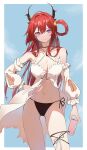  1girl arknights black_horns breasts can cleavage hand_on_own_hip highres horns large_breasts lcx123 long_hair looking_at_viewer navel pink_eyes red_hair single_hair_ring soda_can solo surtr_(arknights) swimsuit 