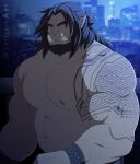  1boy bara beard belly bright_pupils cityscape colored_skin facial_hair forearms green_skin highres huge_pectorals leftski_art long_hair looking_at_viewer male_focus mature_male monster_boy muscular muscular_male nipples nose_piercing nose_ring orc original piercing plump pointy_ears ponytail sanpaku solo sparse_arm_hair sparse_chest_hair strongman_waist thick_arms thick_eyebrows topless_male tusks upper_body 