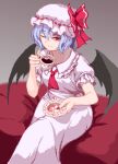 1girl bat_wings black_wings blue_hair cup dress hat holding holding_cup looking_at_viewer mob_cap nukekip pixel_art red_eyes red_nails remilia_scarlet smile solo tea touhou white_dress white_headwear wings 