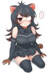  ... 1girl absurdres ahoge animal_ears australian_devil_(kemono_friends) black_hair black_thighhighs blush breasts brown_eyes brown_gloves brown_hair colored_tips commentary_request detached_sleeves eyepatch gloves heart heart-shaped_pupils highres kemono_friends large_breasts long_hair long_sleeves looking_at_viewer medical_eyepatch multicolored_hair seiza shimosazami simple_background sitting sleeveless solo spoken_ellipsis swept_bangs symbol-shaped_pupils thighhighs white_background zettai_ryouiki 