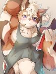  absurd_res anthro blue_eyes blush calico_cat clothed clothing crave_saga domestic_cat felid feline felis hair hi_res mageiro male mammal muscular muscular_anthro muscular_male pecs raised_clothing raised_shirt raised_topwear shimazanbagu shirt solo tank_top topwear white_hair 