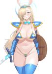  1girl absurdres animal_ears armor asuna_(blue_archive) asuna_(bunny)_(blue_archive) bikini_armor blonde_hair blue_archive blue_bow blue_bowtie blue_eyes blue_gloves blue_thighhighs bow bowtie breasts cleavage detached_collar dragon_quest fake_animal_ears gloves grin groin hair_over_one_eye halo highres holding holding_shield holding_sword holding_weapon large_breasts long_hair navel rabbit_ears shield shio05_(05_sio) shoulder_armor sideboob smile solo stomach swimsuit sword thigh_gap thighhighs underboob very_long_hair weapon 