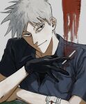  1boy akagi:_yami_ni_oritatta_tensai akagi_shigeru bags_under_eyes black_gloves blood blood_on_clothes blood_splatter cigarette closed_mouth collared_shirt commentary_request fukumoto_nobuyuki_(style) gauze gloves grey_hair grey_shirt harukawa_(b1kbah) head_tilt highres holding holding_cigarette looking_at_viewer male_focus medium_bangs pointy_nose red_eyes shirt short_hair smile solo upper_body 