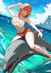  1girl ;d arm_up atelier_(series) atelier_ryza atelier_ryza_3 barefoot blue_sky braid breast_pocket breasts brown_eyes cleavage cloud collared_shirt commentary_request crown_braid dolphin hair_between_eyes hair_ornament hairpin hand_up highres large_breasts ocean one_eye_closed pocket red_shorts reisalin_stout riding riding_animal shirt short_shorts shorts sky sleeveless sleeveless_shirt smile wet wet_clothes wet_shirt x_hair_ornament yu_da_yu_da 