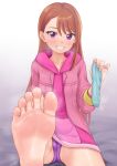  1girl bangs barefoot blue_socks blush breasts brown_hair cameltoe clenched_teeth collarbone commentary_request earrings eyelashes feet foot_focus foot_out_of_frame foot_up foreshortening gradient_background hand_up highres hijiri_ageha hinosaki hirogaru_sky!_precure holding holding_clothes holding_legwear hood hoodie jacket jewelry knee_up long_hair long_sleeves nail_polish no_pants paid_reward_available panties parted_bangs pink_hoodie pink_jacket pink_nails precure purple_background purple_eyes purple_panties shiny_skin sitting small_breasts smell socks soles solo steaming_body stud_earrings sweat sweatdrop swept_bangs teeth toenail_polish toenails toes underwear white_background 
