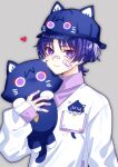  1boy absurdres anger_vein animal_ears animal_hat artist_name bandaged_hand bandages bandaid bandaid_on_cheek bandaid_on_face bandaid_on_hand bandaid_on_nose blue_headwear breast_pocket cat_ears choppy_bangs closed_mouth commentary_request eyeshadow fake_animal_ears genshin_impact grey_background hagehiro hair_between_eyes hand_up hat heart highres holding holding_stuffed_toy jacket long_sleeves looking_at_viewer makeup male_focus pocket purple_eyes purple_hair purple_sweater red_eyeshadow scaramouche_(cat)_(genshin_impact) scaramouche_(genshin_impact) short_hair sidelocks simple_background sleeves_past_wrists smile solo stuffed_animal stuffed_cat stuffed_toy sweater turtleneck turtleneck_sweater twitter_username upper_body wanderer_(genshin_impact) white_jacket 