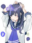  1girl absurdres alternate_costume alternate_hairstyle arms_up black_hair blue_sailor_collar blueberry blush food fruit grey_eyes hair_tie hair_tie_in_mouth hands_in_hair hands_on_own_head highres mouth_hold multicolored_hair neckerchief nijisanji ponto_nei ponytail purple_hair purple_neckerchief sailor_collar school_uniform serafuku shirt sidelocks simple_background solo srkm_ice streaked_hair tying_hair unbuttoned_sleeves virtual_youtuber white_background white_shirt 