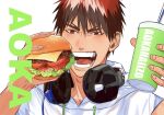  1boy burger cup disposable_cup eating food headphones headphones_around_neck holding holding_cup holding_food hood hoodie kagami_taiga kuroko_no_basuke looking_at_object male_focus mirin_(coene65) open_mouth portrait red_eyes red_hair short_sleeves solo white_background white_hoodie 