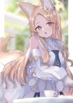  1girl :o animal_ear_fluff animal_ears arm_under_breasts blonde_hair blue_archive blue_necktie blurry blurry_background blurry_foreground bow buttons detached_sleeves dress ear_ornament eyelashes fang flower_wreath forehead fox_ears fox_girl fox_tail head_tilt highres karappo_(poket12) long_hair long_sleeves looking_at_viewer necktie open_mouth parted_bangs sailor_collar sailor_dress seia_(blue_archive) sidelocks skin_fang sleeve_bow sleeveless sleeveless_dress slit_pupils solo tail tail_raised white_bow white_dress white_sailor_collar white_sleeves yellow_bow yellow_eyes 