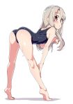  1girl ass barefoot bent_over blue_one-piece_swimsuit blush breasts commentary_request fate/kaleid_liner_prisma_illya fate_(series) feet grey_hair highres illyasviel_von_einzbern legs long_hair looking_at_viewer looking_back one-piece_swimsuit red_eyes revision small_breasts solo standing swimsuit tiptoes toenails toes tottotonero white_background 