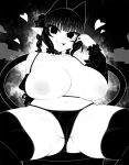  1girl :d animal_ears blunt_bangs braid breasts cat_ears cat_girl cat_tail commentary curvy extra_ears fang greyscale groin haseru_(ginku_mh) heart huge_breasts kaenbyou_rin looking_at_viewer medium_hair monochrome multiple_tails navel nekomata nipples open_mouth panties pointy_ears side_braids sidelocks skin_fang smile solo spread_legs symbol-only_commentary tail thighhighs topless touhou twin_braids two_tails underwear 