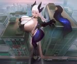  big_breasts big_butt blue_eyes bra breasts building butt car city clothing female fur hair hi_res horn huge_breasts huge_thighs hyper hyper_breasts macro solo standing tail thick_thighs underwear unknown_character unknown_species utterangle vehicle white_body white_fur white_hair 