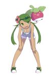 1girl bare_shoulders bent_over blank_eyes bounsweet breasts cleavage commentary dark-skinned_female dark_skin flower full_body green_eyes green_footwear green_hair grey_overalls hair_flower hair_ornament hands_on_own_knees happy leaning_forward legs legs_apart long_hair looking_at_another mallow_(pokemon) open_mouth overalls pigeon-toed pink_flower pink_shirt pokemon pokemon_(creature) pokemon_(game) pokemon_sm shiny_skin shirt shoes simple_background small_breasts smile squid_neetommy standing strapless strapless_shirt swept_bangs teeth tongue twintails white_background yellow_eyes 