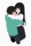  1boy 1girl alternate_costume artist_logo black_hair blush brown_hair chitanda_eru green_eyes green_hoodie highres hood hood_down hoodie hug hyouka kamiyama_high_school_uniform_(hyouka) long_hair long_sleeves mery_(yangmalgage) oreki_houtarou purple_eyes sailor_collar school_uniform serafuku shirt short_hair simple_background skirt smile sweat white_background white_shirt 