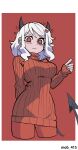  1girl artist_request breasts demon_girl demon_horns demon_tail helltaker highres horns large_breasts long_sleeves looking_at_viewer medium_hair modeus_(helltaker) red_eyes ribbed_sweater solo sweater tail thighhighs turtleneck white_hair 