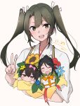  3girls :d ^_^ black_hair bow brown_eyes brown_hair chibi closed_eyes dated flower green_eyes green_hair hair_between_eyes hair_bow hair_flower hair_ornament hair_ribbon highres japanese_clothes kaga_(kancolle) kantai_collection katsuragi_(kancolle) light_blush long_hair looking_at_viewer ma_rukan miko multiple_girls open_mouth pink_bow ribbon side_ponytail simple_background smile solo_focus twintails v white_background white_ribbon zuikaku_(kancolle) 