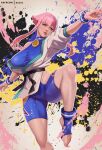  1girl blue_eyes dougi exlic feet highres hime_cut hip_vent leg_up manon_(street_fighter) martial_arts_belt panty_straps pink_hair sidelocks solo spandex stirrup_footwear stirrup_legwear street_fighter street_fighter_6 toeless_legwear wristband 