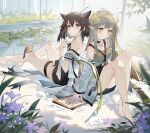  2girls arknights bare_shoulders barefoot bird_on_leg black_skirt brown_hair closed_mouth commentary_request feather_hair flower full_body grey_hair grey_shirt hand_up highres jacket knees_up laurels long_hair long_sleeves looking_at_viewer medium_hair mole mole_under_eye muelsyse_(arknights) multiple_girls notepad off_shoulder on_ground open_clothes open_jacket owl_ears paper plant pointy_ears purple_flower rhine_lab_logo samele_otaku shirt silence_(arknights) silence_the_paradigmatic_(arknights) sitting skirt smile thigh_strap white_jacket yellow_eyes yellow_flower 