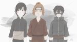  3boys aburame_torune black_gloves black_hair black_handwear blush closed_mouth forehead_protector fuu_(naruto) gloves mask multiple_boys naruto naruto_(series) naruto_shippuuden orange_hair quill-q sai_(naruto) short_hair signature smile 