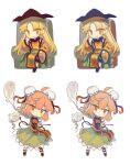  2girls ahoge black_headwear blonde_hair blush_stickers bun_cover chibi chinese_commentary closed_mouth commentary_request green_skirt hat highres ibaraki_kasen long_hair matara_okina multiple_girls no_nose orange_hair orange_tabard pink_hair red_eyes red_ribbon red_tabard ribbon ribbon-trimmed_skirt ribbon_trim shirt short_hair short_sleeves simple_background sitting skirt smile tabard touhou variations white_background white_shirt youshouhaoxianzhe 