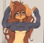  anthro apogee_(tinygaypirate) braless breasts brown_eyes brown_hair canid canine canis clothed clothing domestic_dog ear_piercing female hair hi_res long_hair looking_at_viewer mammal no_bra_under_clothes piercing raised_arms solo sweater tinygaypirate topwear under_boob 