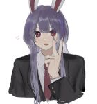  1girl animal_ears black_jacket blazer collared_shirt fingernails gotagotay heart highres jacket long_hair long_sleeves nail_polish necktie purple_hair purple_nails rabbit_ears red_eyes red_necktie reisen_udongein_inaba shirt simple_background solo tongue tongue_out touhou upper_body v white_background white_shirt 