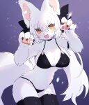  2023 4_fingers anthro bikini blush bow_ribbon breasts canid canine claws cleavage clothed clothing cute_fangs digital_media_(artwork) female female_anthro finger_claws fingers fox fur hair hi_res kemono legwear long_hair looking_at_viewer mammal open_mouth pawpads paws portrait solo spommmm swimwear thigh_highs three-quarter_portrait tongue white_body white_fur white_hair yellow_eyes 