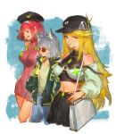  3girls adapted_costume animal_ears bag beret black_headwear blonde_hair candy casual cat_ears commentary_request crop_top cropped_legs daible denim dress earrings facial_mark food grey_hair handbag hands_in_pockets hat highres jacket jeans jewelry lollipop long_hair looking_at_viewer multiple_girls mythra_(xenoblade) nia_(xenoblade) pants pyra_(xenoblade) red_hair revision short_hair skirt sleeveless sleeveless_turtleneck smile sunglasses turtleneck turtleneck_dress very_long_hair whisker_markings xenoblade_chronicles_(series) xenoblade_chronicles_2 