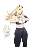  2girls abs absurdres artoria_caster_(fate) artoria_pendragon_(fate) bangs bare_shoulders black_pants blonde_hair breasts collarbone fairy_knight_gawain_(fate) fate/grand_order fate_(series) green_eyes heterochromia highres horns house_tag_denim huge_breasts long_hair multiple_girls muscular muscular_female navel pants red_eyes sports_bra thighs toned white_sports_bra yoga_pants 