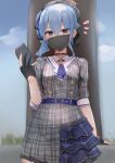  1girl absurdres ascot belt beret blue_eyes blue_hair cellphone choker dress gloves hair_between_eyes hat highres holding holding_phone hololive hoshimachi_suisei hoshimachi_suisei_(1st_costume) looking_at_viewer mask medium_hair mouth_mask partially_fingerless_gloves phone plaid plaid_dress side_ponytail solo star_(symbol) star_choker tikuwazyousyou virtual_youtuber 